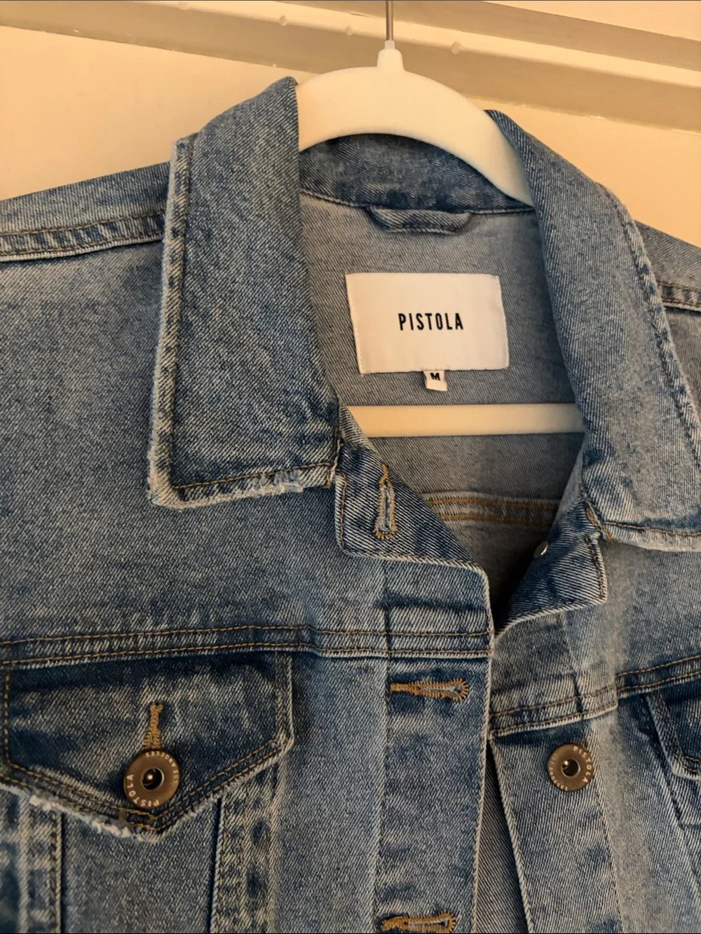 pistola light blue denim jacket with striped rib hem